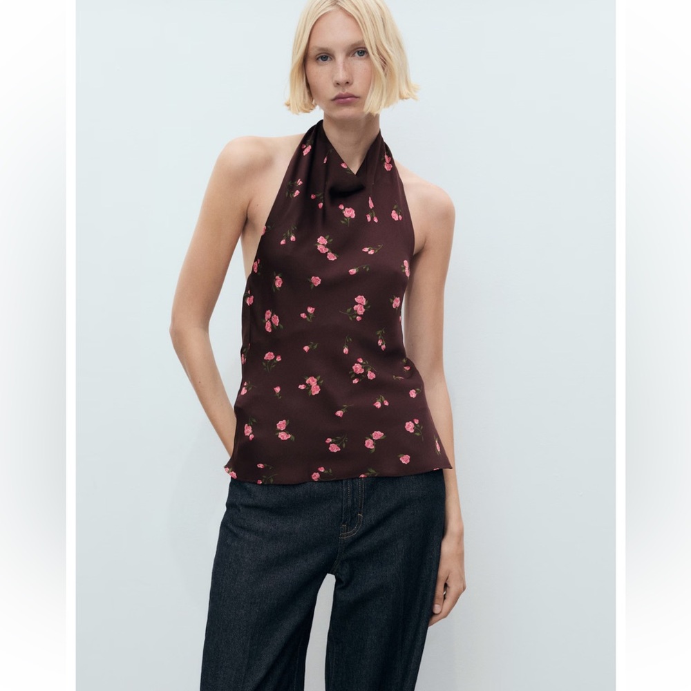 Mango draped floral blouse open back